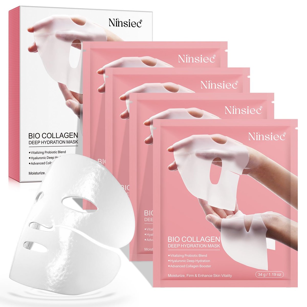 BXRUIAGN Collagen Face Mask & Smile Line Patches – Korean Skincare Sheet Mask for Wrinkle Smoothing & Radiance (Pink, 4 Count) - görsel 1