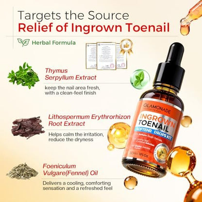Glamonade Ingrown Toenail Relief Kit: Professional At-Home Ingrown Toenail Softening Drops with Lifter & Self-Adhesive Bandage for Mild Curved Toenails, 30ml Avelisse