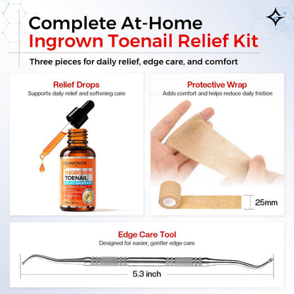 Glamonade Ingrown Toenail Relief Kit: Professional At-Home Ingrown Toenail Softening Drops with Lifter & Self-Adhesive Bandage for Mild Curved Toenails, 30ml Avelisse