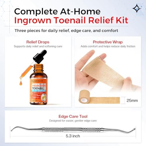 Glamonade Ingrown Toenail Relief Kit: Professional At-Home Ingrown Toenail Softening Drops with Lifter & Self-Adhesive Bandage for Mild Curved Toenails, 30ml Avelisse