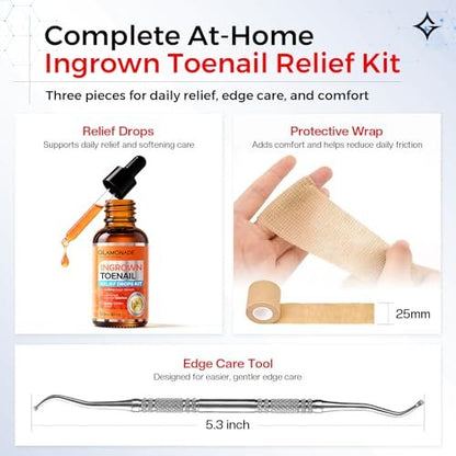 Glamonade Ingrown Toenail Relief Kit: Professional At-Home Ingrown Toenail Softening Drops with Lifter & Self-Adhesive Bandage for Mild Curved Toenails, 30ml Avelisse