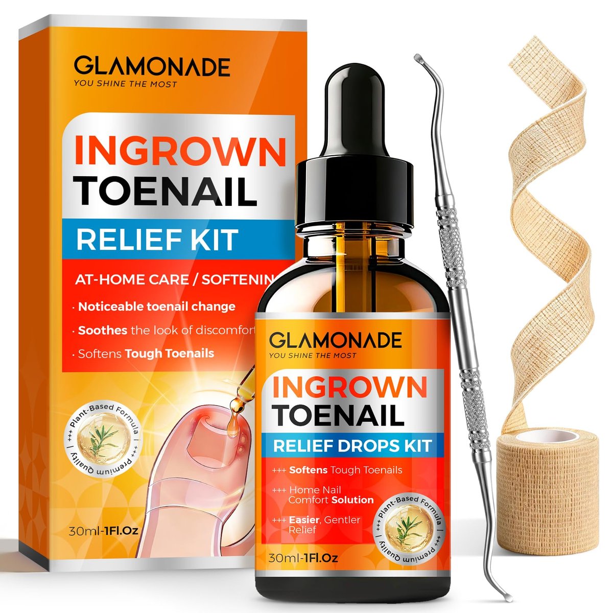 Glamonade Ingrown Toenail Relief Kit: Professional At-Home Ingrown Toenail Softening Drops with Lifter & Self-Adhesive Bandage for Mild Curved Toenails, 30ml Avelisse