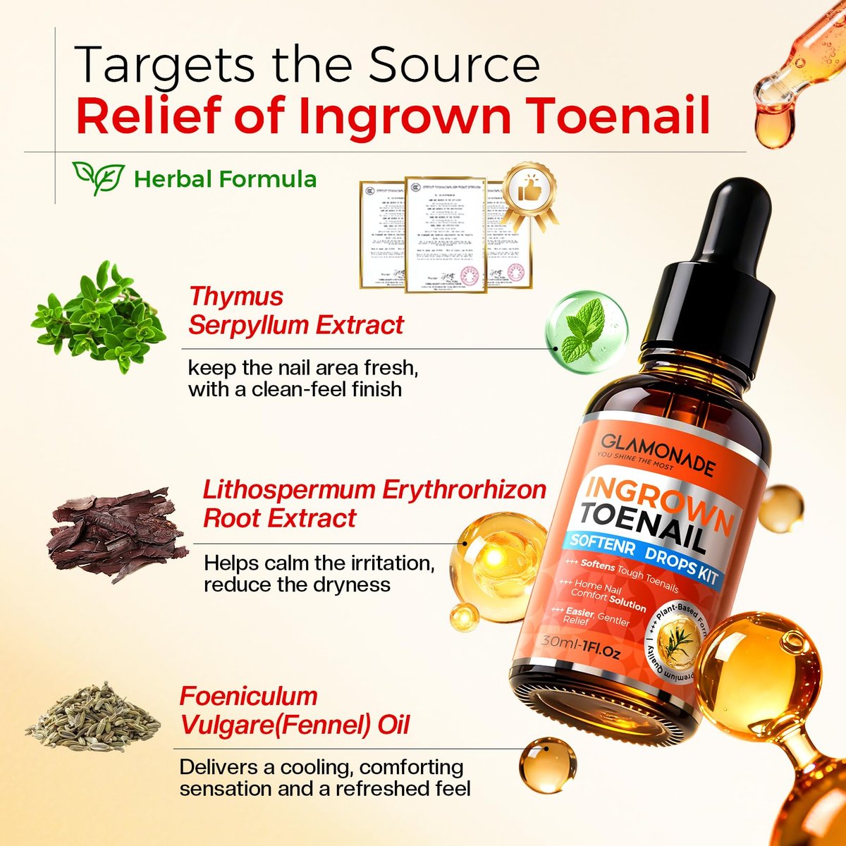 Glamonade Ingrown Toenail Relief Kit: Professional At-Home Ingrown Toenail Softening Drops with Lifter & Self-Adhesive Bandage for Mild Curved Toenails, 30ml Avelisse