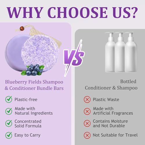 Blueberry Fields Shampoo & Conditioner Bundle Bars – Natural Blueberry Extract for Hair Thinning & Frizz, Unisex (1 SET) Avelisse