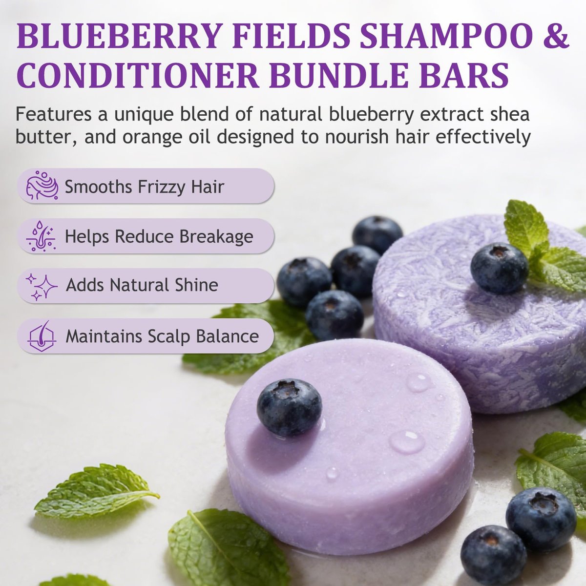 Blueberry Fields Shampoo & Conditioner Bundle Bars – Natural Blueberry Extract for Hair Thinning & Frizz, Unisex (1 SET) Avelisse