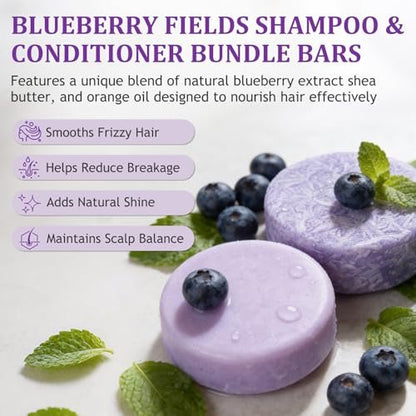 Blueberry Fields Shampoo & Conditioner Bundle Bars – Natural Blueberry Extract for Hair Thinning & Frizz, Unisex (1 SET) Avelisse