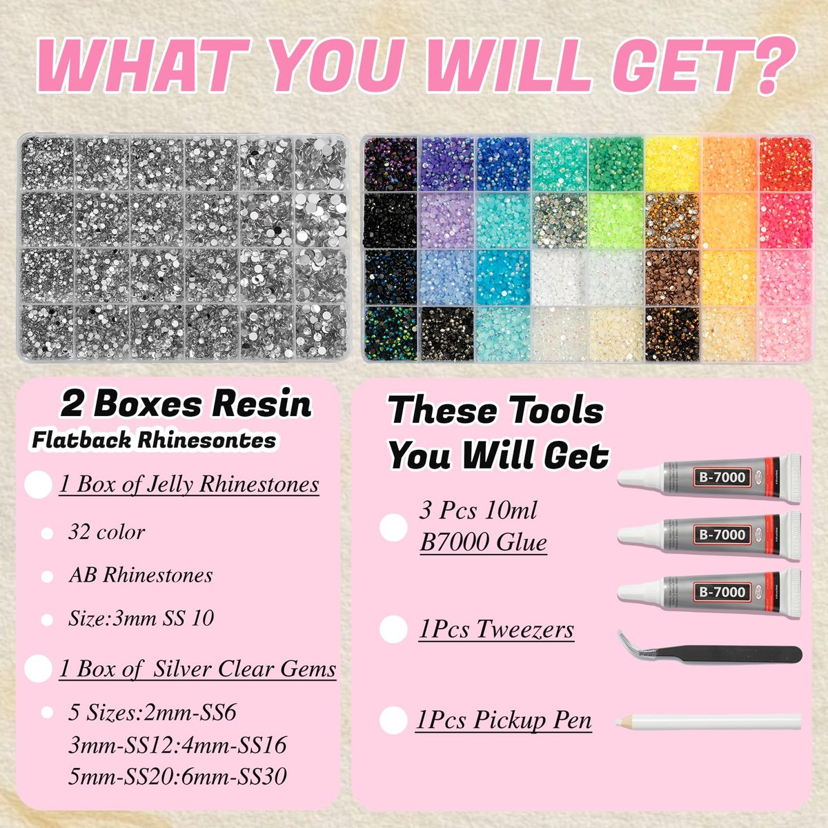 DEWJDFSC 2 Boxes Rhinestones for Bedazzling Kits - Multicolor 3mm Resin Jelly Flatback Gems, 2-6mm Silver Clear Bedazzler with 3Pcs B7000 Jewelry Glue for Crafts, Book, Nail Art Avelisse