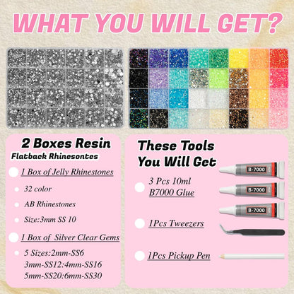 DEWJDFSC 2 Boxes Rhinestones for Bedazzling Kits - Multicolor 3mm Resin Jelly Flatback Gems, 2-6mm Silver Clear Bedazzler with 3Pcs B7000 Jewelry Glue for Crafts, Book, Nail Art Avelisse