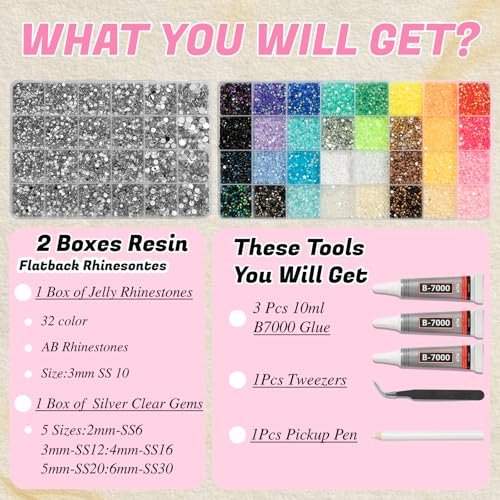 DEWJDFSC 2 Boxes Rhinestones for Bedazzling Kits - Multicolor 3mm Resin Jelly Flatback Gems, 2-6mm Silver Clear Bedazzler with 3Pcs B7000 Jewelry Glue for Crafts, Book, Nail Art Avelisse