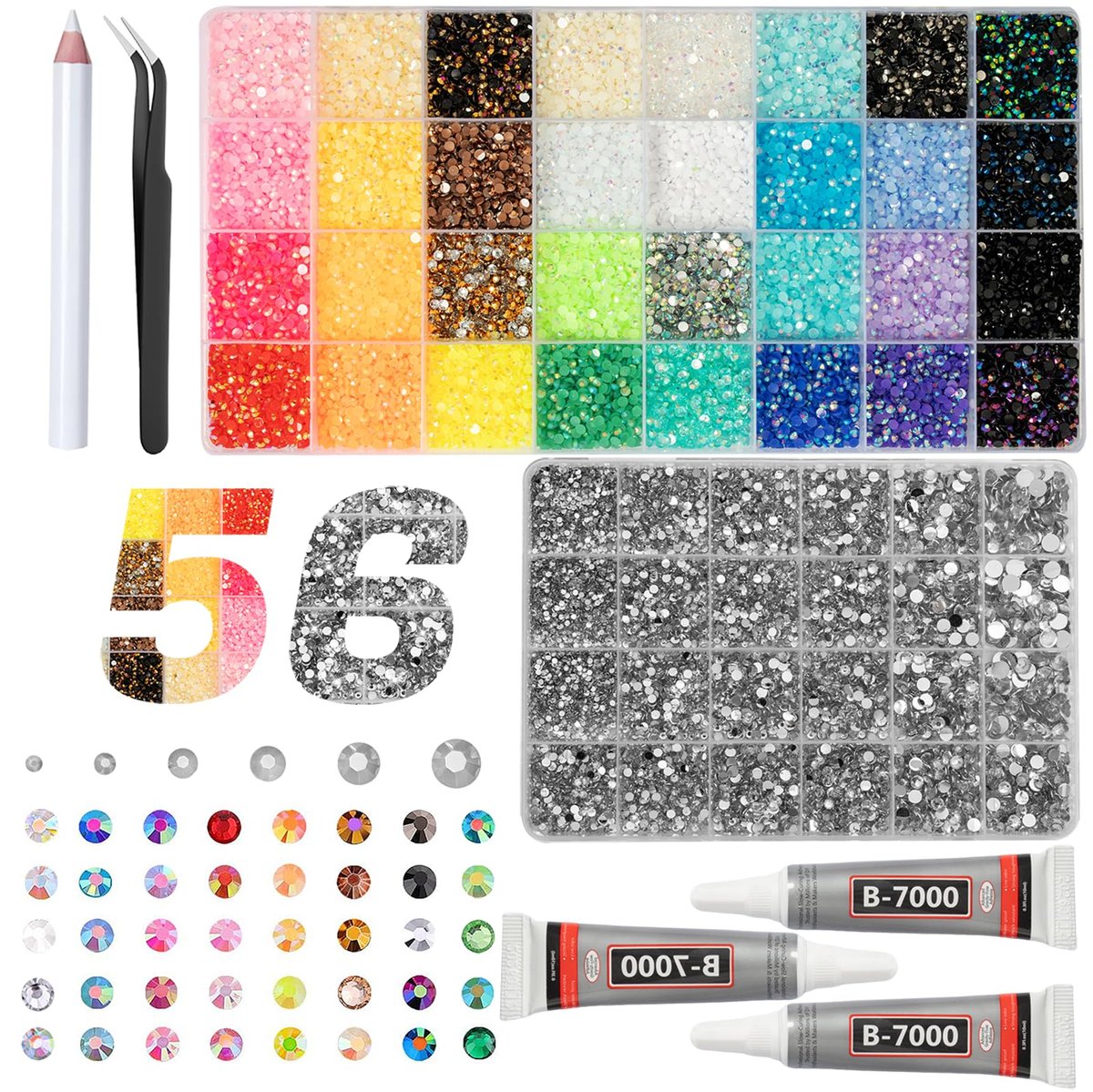 DEWJDFSC 2 Boxes Rhinestones for Bedazzling Kits - Multicolor 3mm Resin Jelly Flatback Gems, 2-6mm Silver Clear Bedazzler with 3Pcs B7000 Jewelry Glue for Crafts, Book, Nail Art Avelisse