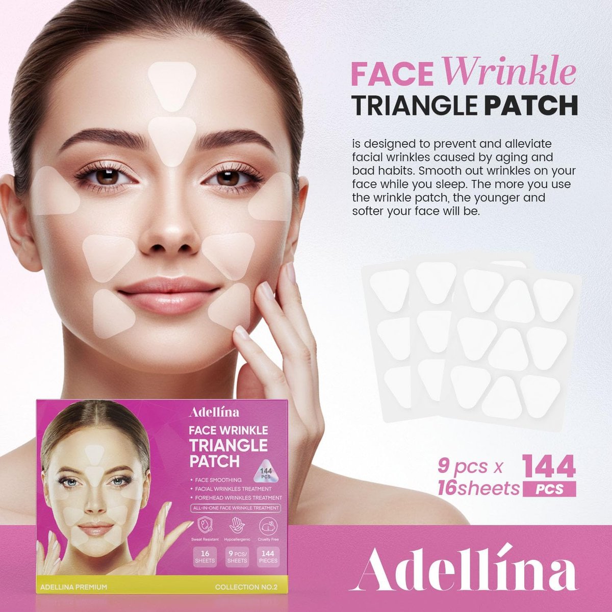 Adellina Anti Wrinkle Patches Overnight - Smile Line Patches for Forehead, Under Eyes - 144 Count Avelisse