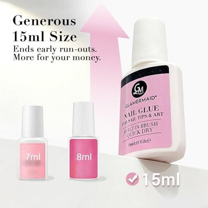 GLAMERMAID Nail Glue for Press On Nails – 15ml, No Lamp Needed, 28 Days Long-Lasting, Fast Drying, TPO & HEMA Free, Super Strong Brush On Glue for Nail Tips & Acrylic Fake Nails