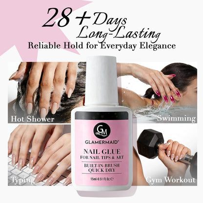 GLAMERMAID Nail Glue for Press On Nails – 15ml, No Lamp Needed, 28 Days Long-Lasting, Fast Drying, TPO & HEMA Free, Super Strong Brush On Glue for Nail Tips & Acrylic Fake Nails