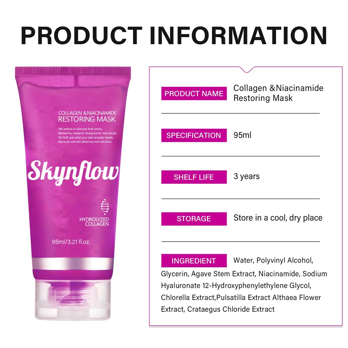 Skynflow Overnight Hydrating Sleep Mask 95ml with Silicone Brush - 3-in-1 Wash Off Gel Mask with Hyaluronic Acid, Hydrolyzed Collagen & Niacinamide - Deep Moisturizing for All Skin Types Avelisse
