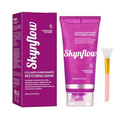 Skynflow Overnight Hydrating Sleep Mask 95ml with Silicone Brush - 3-in-1 Wash Off Gel Mask with Hyaluronic Acid, Hydrolyzed Collagen & Niacinamide - Deep Moisturizing for All Skin Types Avelisse