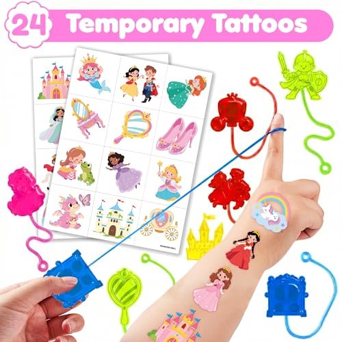 48PCS Princess Party Favors: Temporary Tattoos & Sticky Hands for Kids Birthday, Goodie Bag Stuffers, Classroom Prizes - görsel 4