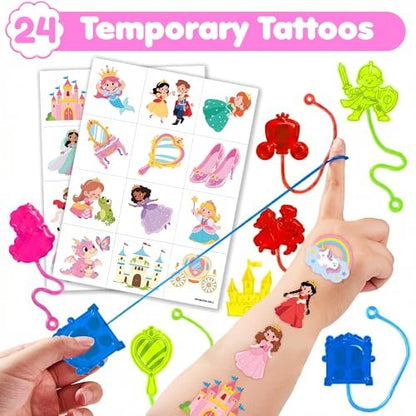 48PCS Princess Party Favors: Temporary Tattoos & Sticky Hands for Kids Birthday, Goodie Bag Stuffers, Classroom Prizes