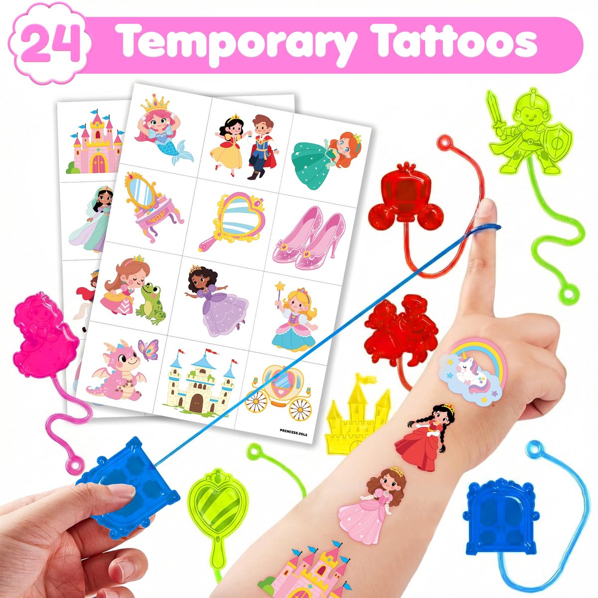 48PCS Princess Party Favors: Temporary Tattoos & Sticky Hands for Kids Birthday, Goodie Bag Stuffers, Classroom Prizes - görsel 3
