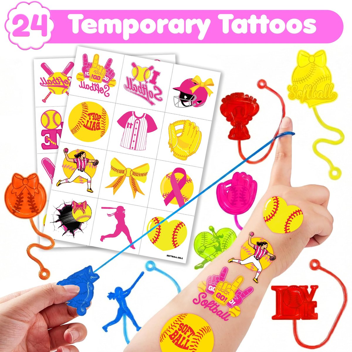 48PCS Softball Party Favors - 24 Temporary Tattoos & 24 Stick Hands for Birthday Party Supplies, Goodie Bag Stuffers, Treasure Box Toys, Classroom Prizes, Student Gifts - görsel 3