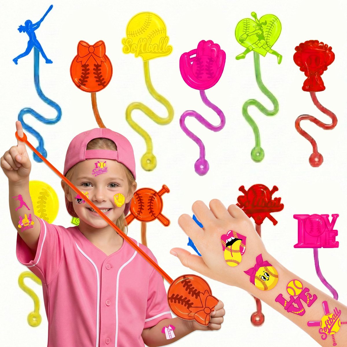 48PCS Softball Party Favors - 24 Temporary Tattoos & 24 Stick Hands for Birthday Party Supplies, Goodie Bag Stuffers, Treasure Box Toys, Classroom Prizes, Student Gifts - görsel 1