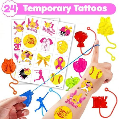48PCS Softball Party Favors - 24 Temporary Tattoos & 24 Stick Hands for Birthday Party Supplies, Goodie Bag Stuffers, Treasure Box Toys, Classroom Prizes, Student Gifts