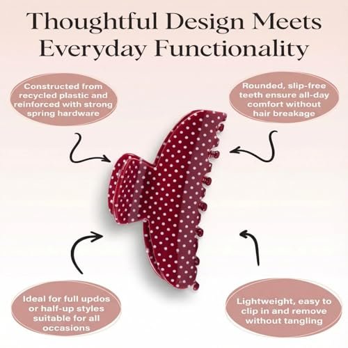 3 Pack Polka Dot Hair Claw Clips for Women - Medium Red Polka Dots, Strong Hold, Non-Slip Clamps for Thin or Thick Hair - Cute Hair Accessories Gift (Red, Black, White) Avelisse