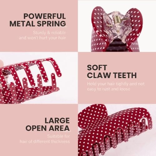 3 Pack Polka Dot Hair Claw Clips for Women - Medium Red Polka Dots, Strong Hold, Non-Slip Clamps for Thin or Thick Hair - Cute Hair Accessories Gift (Red, Black, White) Avelisse