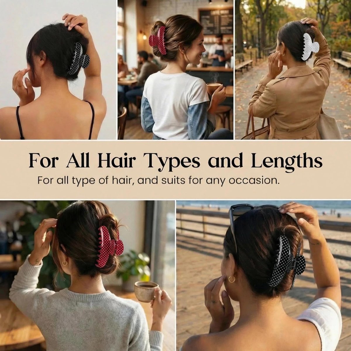 3 Pack Polka Dot Hair Claw Clips for Women - Medium Red Polka Dots, Strong Hold, Non-Slip Clamps for Thin or Thick Hair - Cute Hair Accessories Gift (Red, Black, White) Avelisse