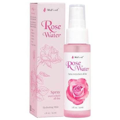 Well's Oil Rosewater Face & Hair Mist Spray (2 fl oz / 59 mL) – Alcohol-Free Floral Hydrosol for Refreshing Skincare & Hair Care