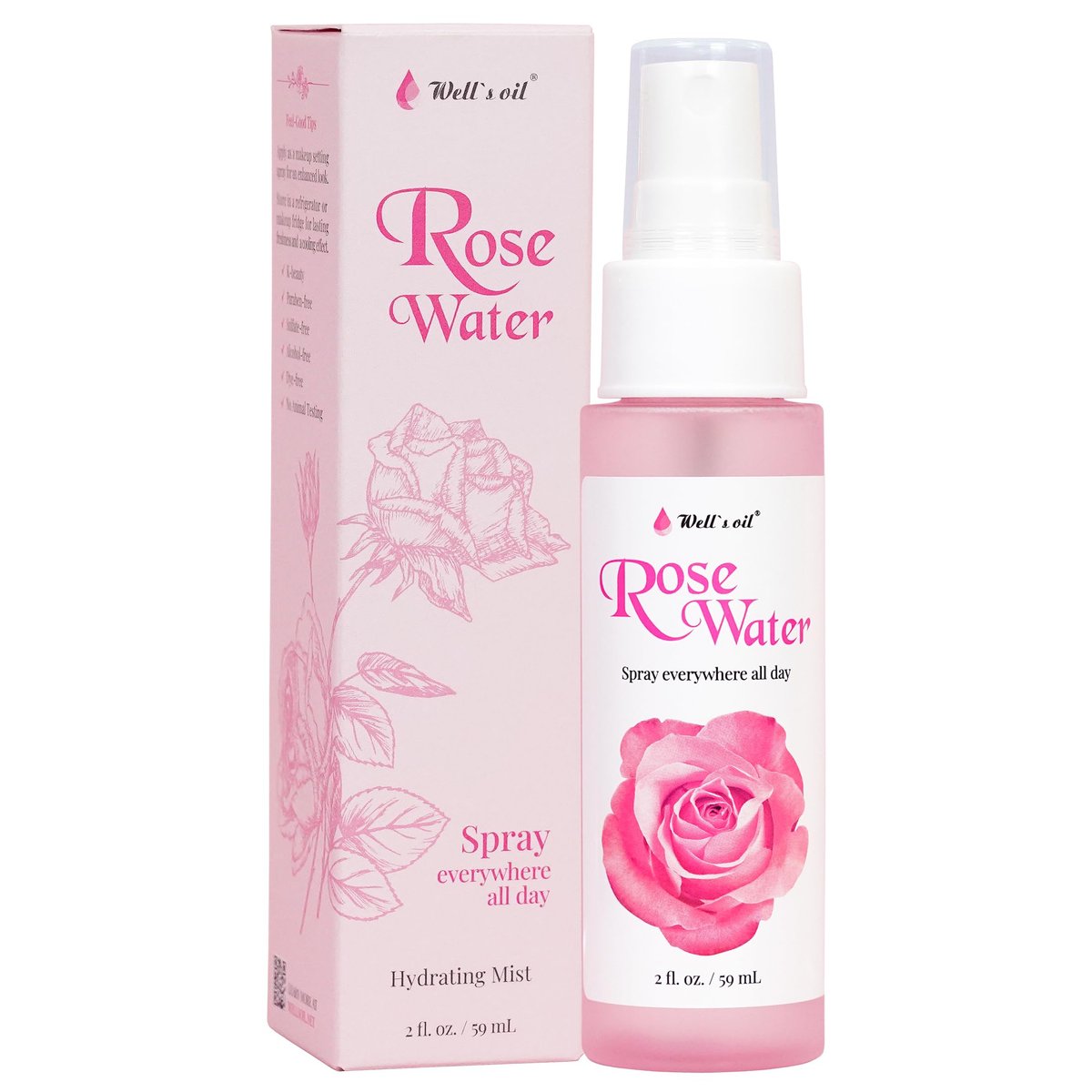 Well's Oil Rosewater Face & Hair Mist Spray (2 fl oz / 59 mL) – Alcohol-Free Floral Hydrosol for Refreshing Skincare & Hair Care - görsel 1