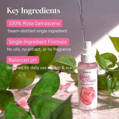 Well's Oil Rosewater Face & Hair Mist Spray (2 fl oz / 59 mL) – Alcohol-Free Floral Hydrosol for Refreshing Skincare & Hair Care