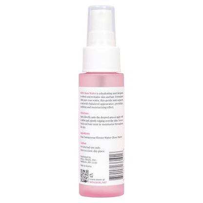 Well's Oil Rosewater Face & Hair Mist Spray (2 fl oz / 59 mL) – Alcohol-Free Floral Hydrosol for Refreshing Skincare & Hair Care
