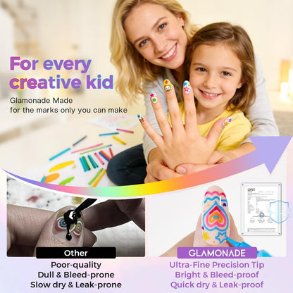 Glamonade Nail Art Markers for Kids - 12 Pack Fine Tip Nail Polish Pens, Non Toxic, Quick Dry, DIY Manicure Set Avelisse