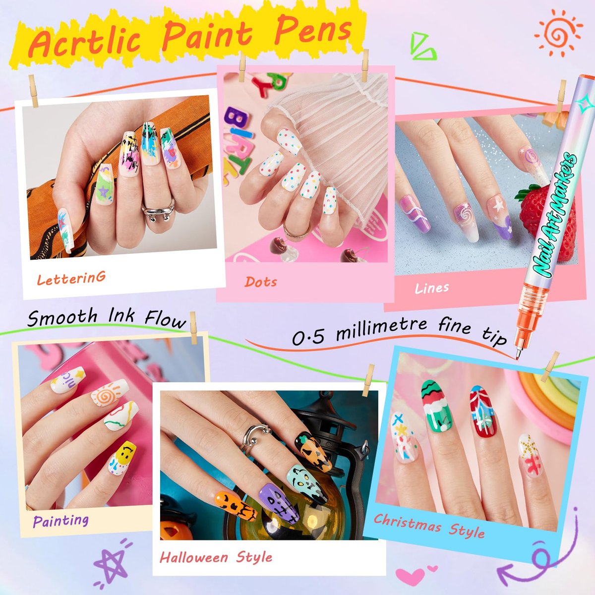 Glamonade Nail Art Markers for Kids - 12 Pack Fine Tip Nail Polish Pens, Non Toxic, Quick Dry, DIY Manicure Set Avelisse