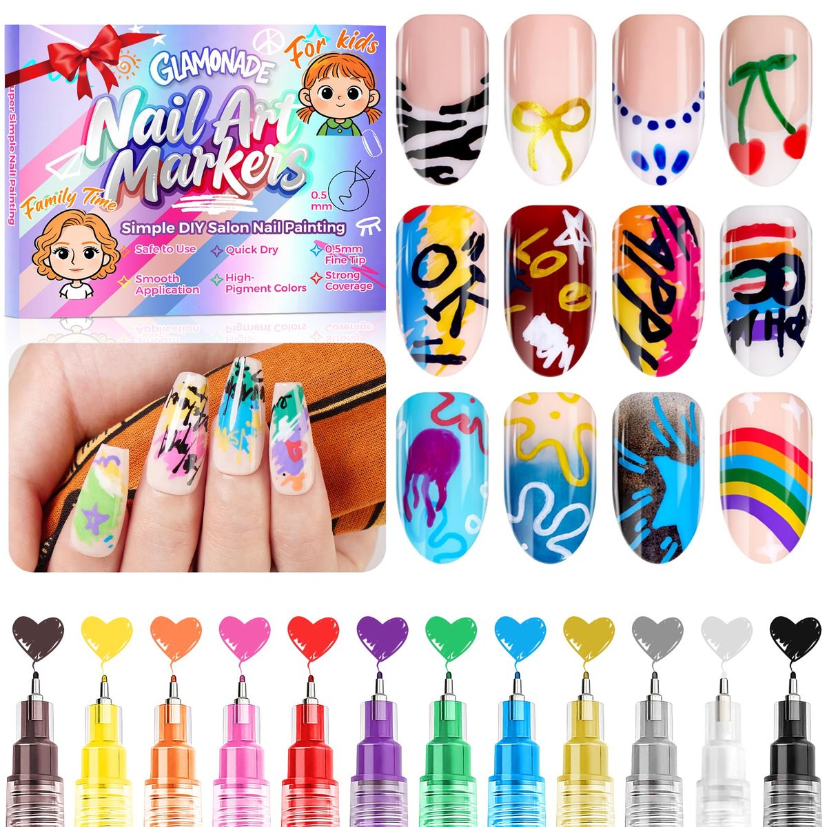 Glamonade Nail Art Markers for Kids - 12 Pack Fine Tip Nail Polish Pens, Non Toxic, Quick Dry, DIY Manicure Set Avelisse