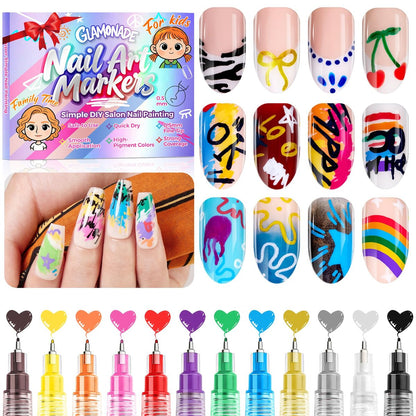 Glamonade Nail Art Markers for Kids - 12 Pack Fine Tip Nail Polish Pens, Non Toxic, Quick Dry, DIY Manicure Set Avelisse
