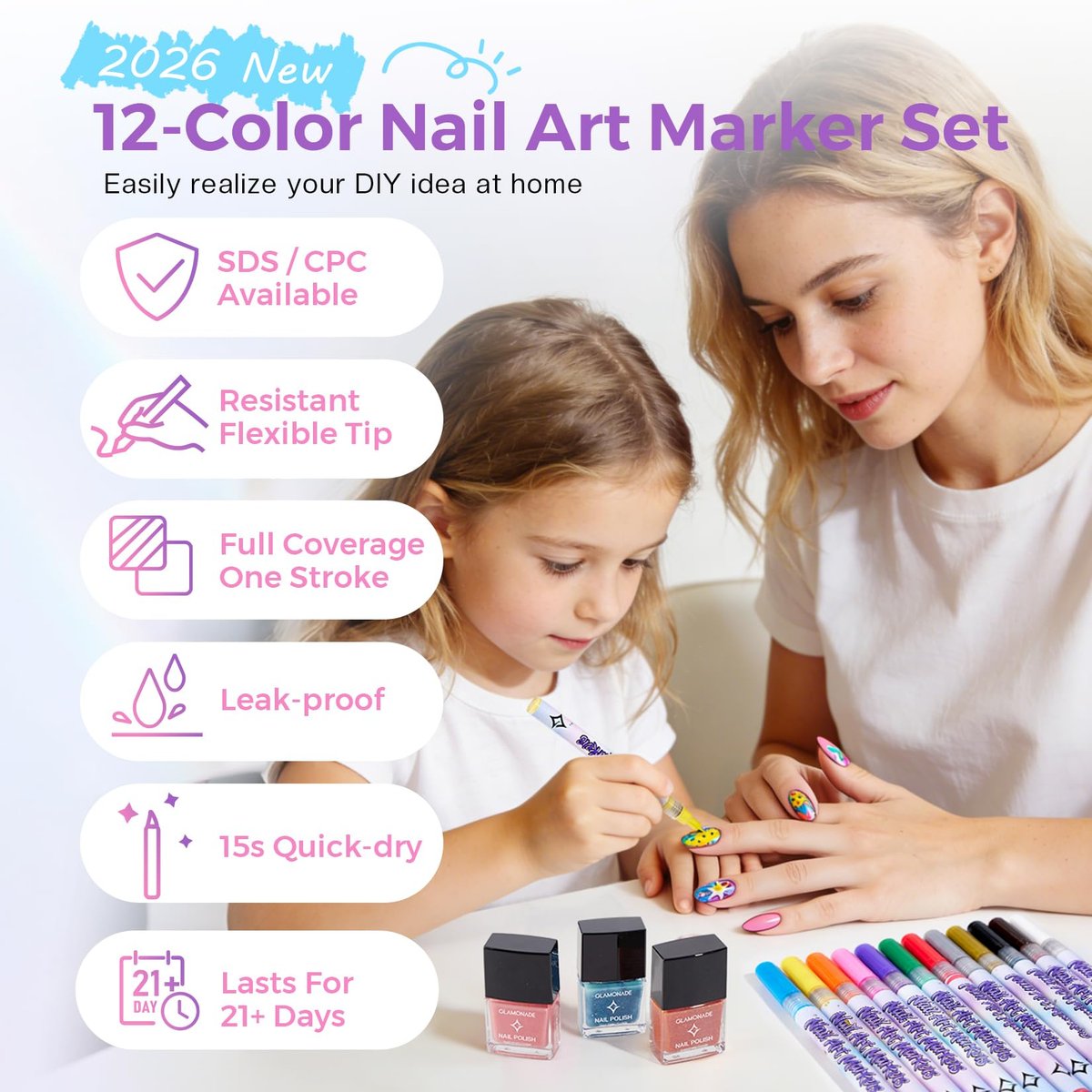 Glamonade Nail Art Markers for Kids - 12 Pack Fine Tip Nail Polish Pens, Non Toxic, Quick Dry, DIY Manicure Set Avelisse