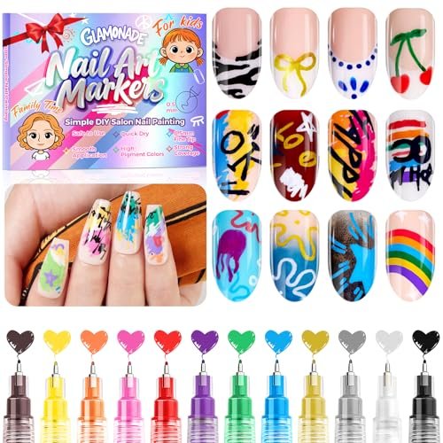 Glamonade Nail Art Markers for Kids - 12 Pack Fine Tip Nail Polish Pens, Non Toxic, Quick Dry, DIY Manicure Set Avelisse