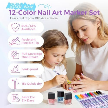 Glamonade Nail Art Markers for Kids - 12 Pack Fine Tip Nail Polish Pens, Non Toxic, Quick Dry, DIY Manicure Set Avelisse