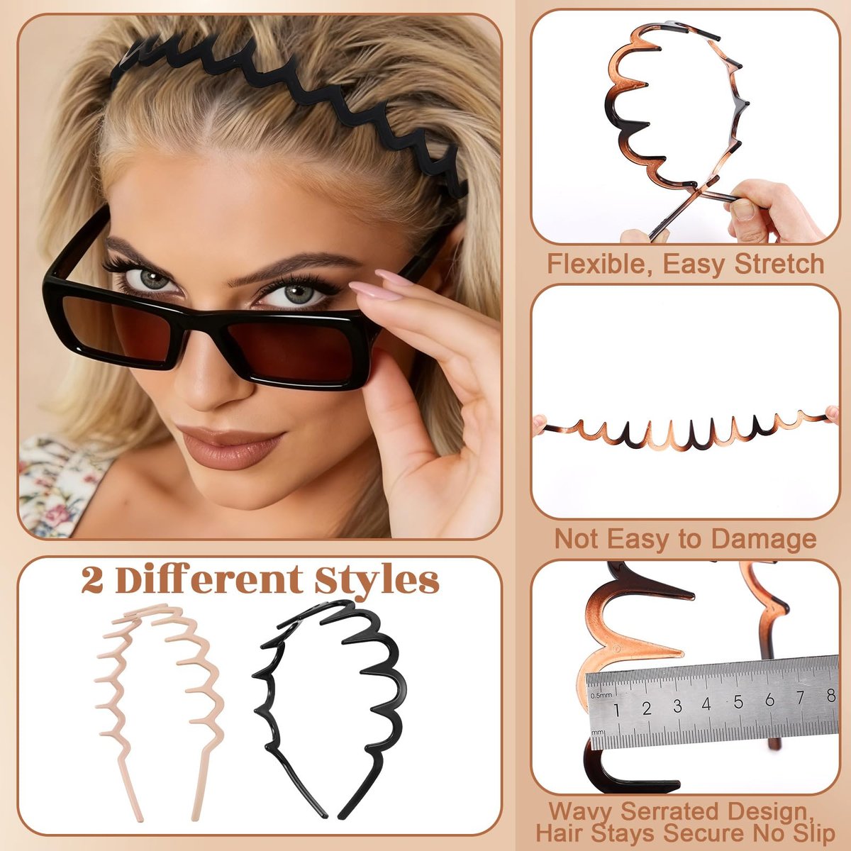 HairChrysm 8-Piece Plastic Zig Zag Headbands with Cotton Headband - Trendy Wavy Comb Head Band with Teeth for Women & Men | 90s Style Non-Slip Hair Bands for Daily Styling, Workouts & More - görsel 5