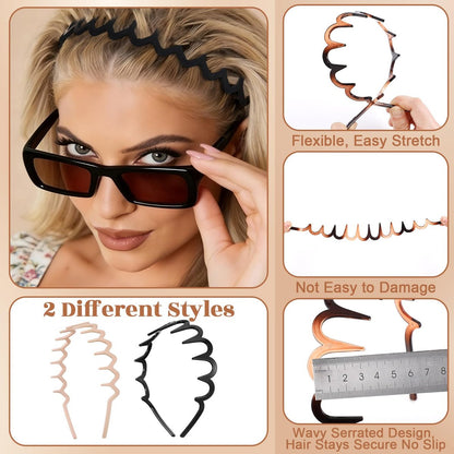 HairChrysm 8-Piece Plastic Zig Zag Headbands with Cotton Headband - Trendy Wavy Comb Head Band with Teeth for Women & Men | 90s Style Non-Slip Hair Bands for Daily Styling, Workouts & More