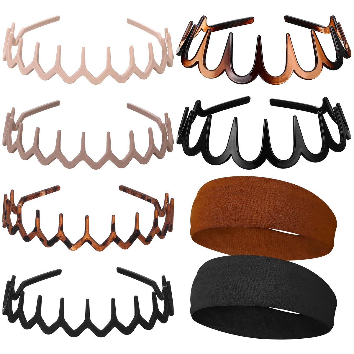 HairChrysm 8-Piece Plastic Zig Zag Headbands with Cotton Headband - Trendy Wavy Comb Head Band with Teeth for Women & Men | 90s Style Non-Slip Hair Bands for Daily Styling, Workouts & More - görsel 1