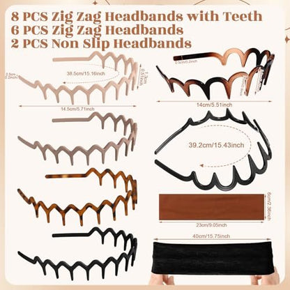 HairChrysm 8-Piece Plastic Zig Zag Headbands with Cotton Headband - Trendy Wavy Comb Head Band with Teeth for Women & Men | 90s Style Non-Slip Hair Bands for Daily Styling, Workouts & More