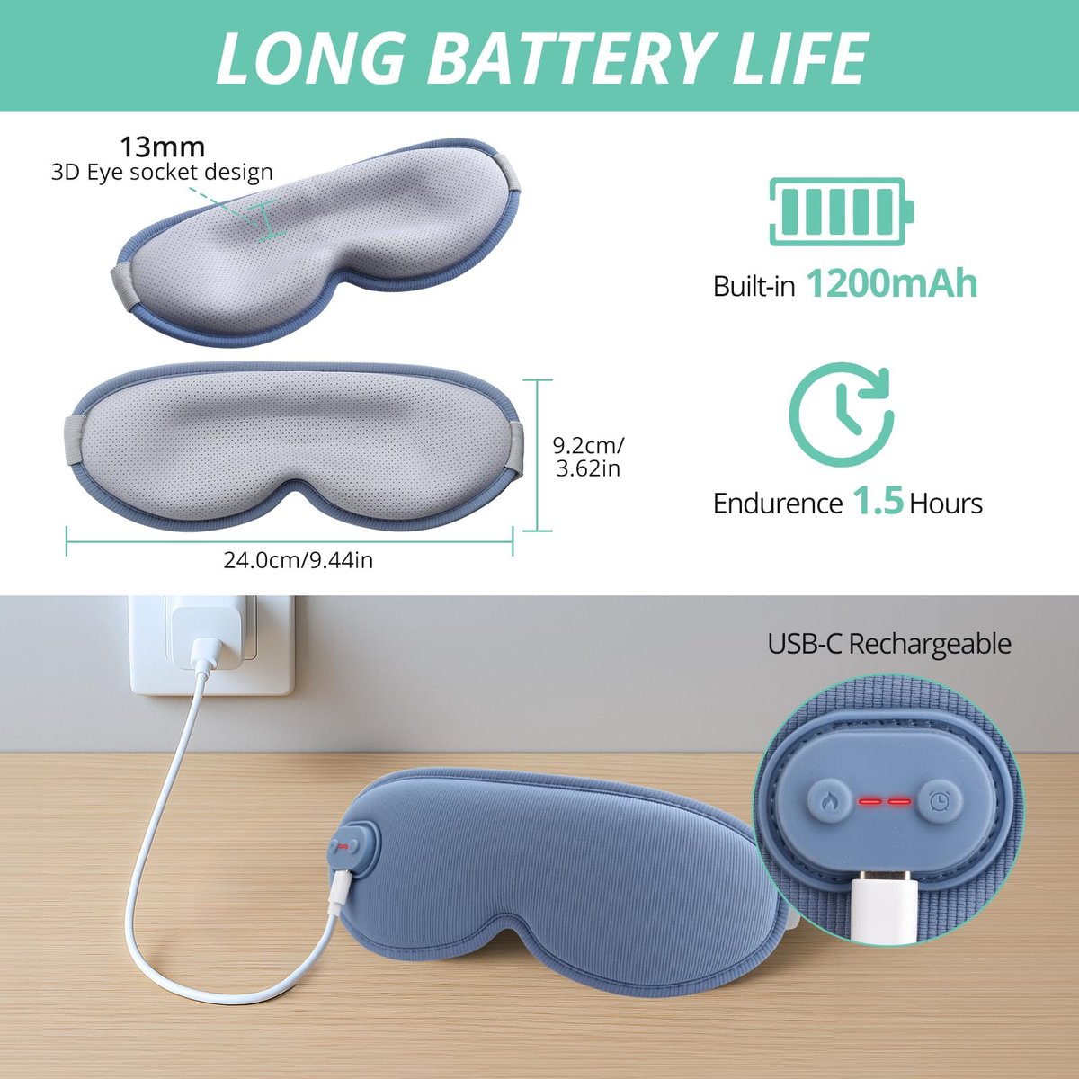 VINTEAM Cordless Heated Eye Mask – 3D Design with Adjustable Heat & Timer, Comfortable & Lightweight for Eye Fatigue Relief, Men & Women (Blue) - görsel 13