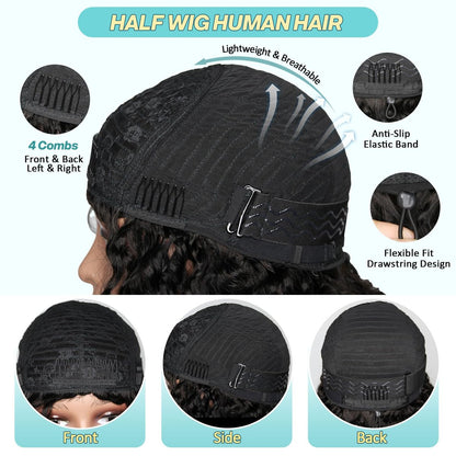 UMEGIRL 18 Inch Burmese Curly Half Wig Human Hair for Women - 250 Density 3-in-1 Seamless Flip Over Half Wig, Beginner Friendly Glueless Wig, Natural Color with Spiral End