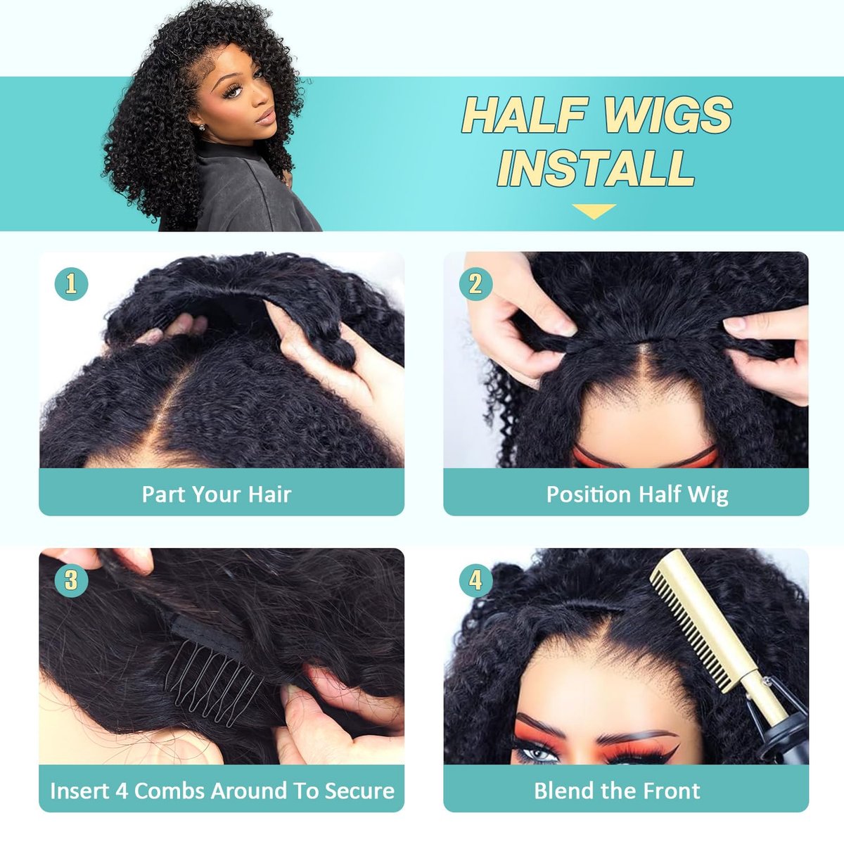 UMEGIRL 18 Inch Burmese Curly Half Wig Human Hair for Women - 250 Density 3-in-1 Seamless Flip Over Half Wig, Beginner Friendly Glueless Wig, Natural Color with Spiral End - görsel 7