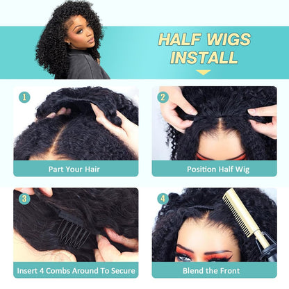 UMEGIRL 18 Inch Burmese Curly Half Wig Human Hair for Women - 250 Density 3-in-1 Seamless Flip Over Half Wig, Beginner Friendly Glueless Wig, Natural Color with Spiral End