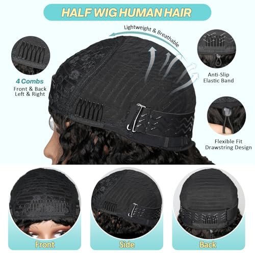 UMEGIRL 18 Inch Burmese Curly Half Wig Human Hair for Women - 250 Density 3-in-1 Seamless Flip Over Half Wig, Beginner Friendly Glueless Wig, Natural Color with Spiral End - görsel 6