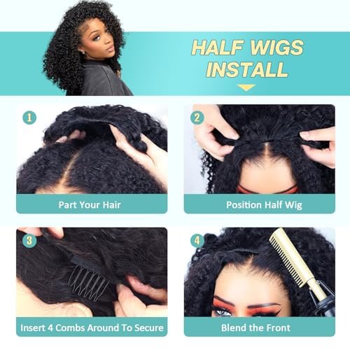 UMEGIRL 18 Inch Burmese Curly Half Wig Human Hair for Women - 250 Density 3-in-1 Seamless Flip Over Half Wig, Beginner Friendly Glueless Wig, Natural Color with Spiral End - görsel 8
