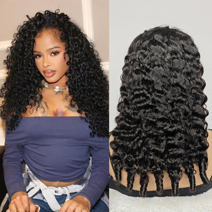 UMEGIRL 18 Inch Burmese Curly Half Wig Human Hair for Women - 250 Density 3-in-1 Seamless Flip Over Half Wig, Beginner Friendly Glueless Wig, Natural Color with Spiral End